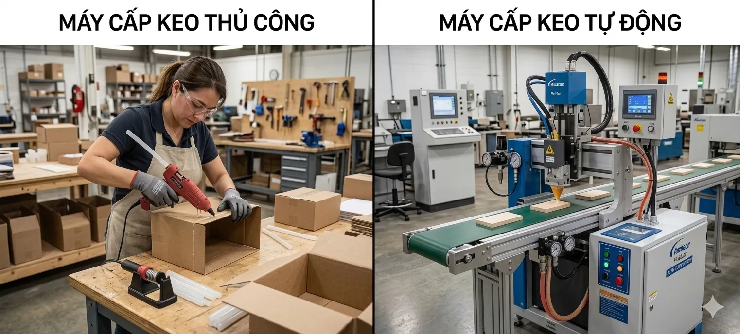 Vì sao ngày càng nhiều doanh nghiệp chuyển từ bôi keo thủ công sang máy bôi keo tự động?