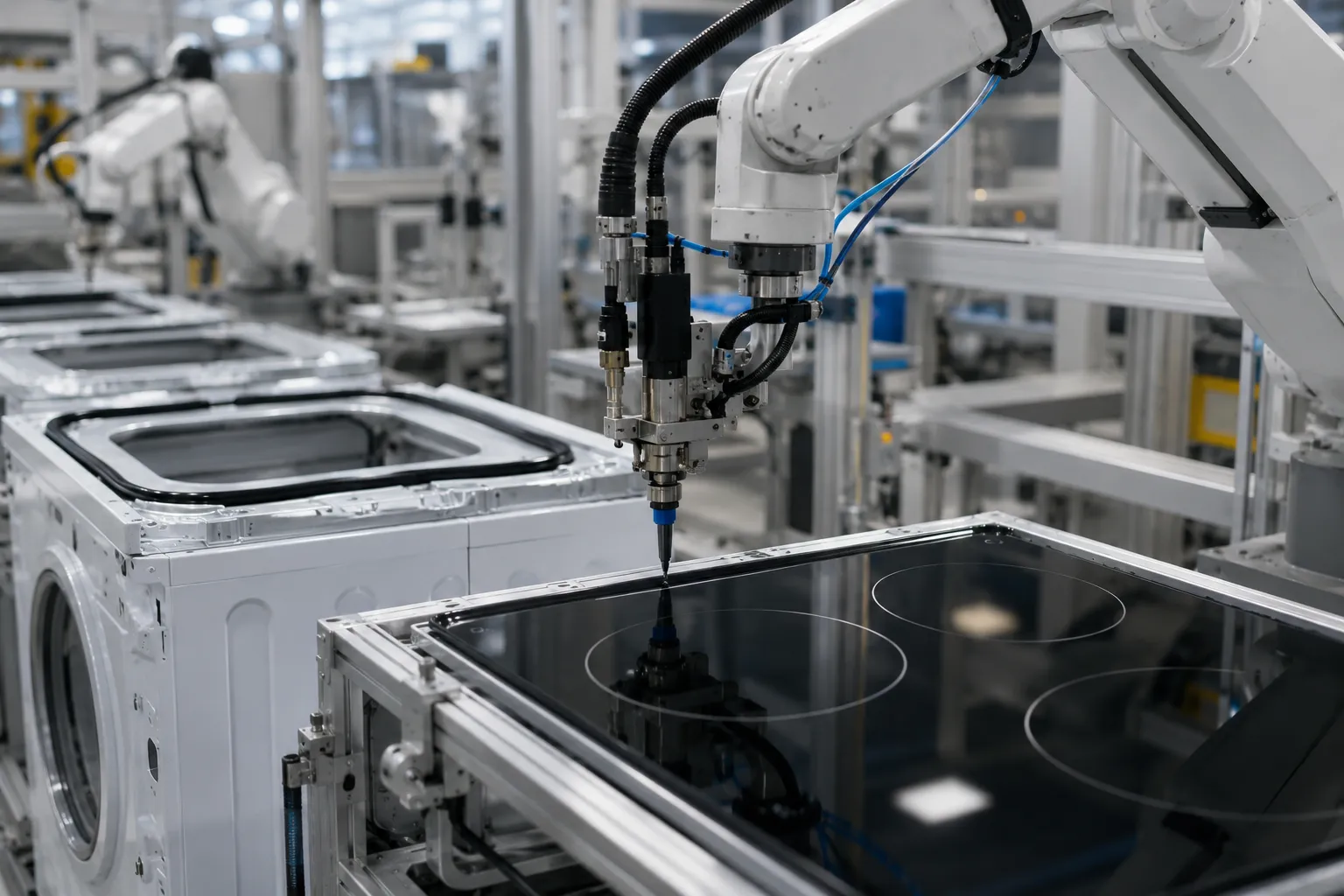 Robot phun keo trên vỏ máy giặt và mặt kính bếp từ Robot phun keo tren vo may giat và mat kinh bep tu